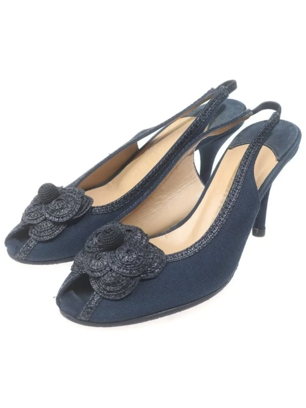 Chanel Camellia Canvas Heels Pumps Navy